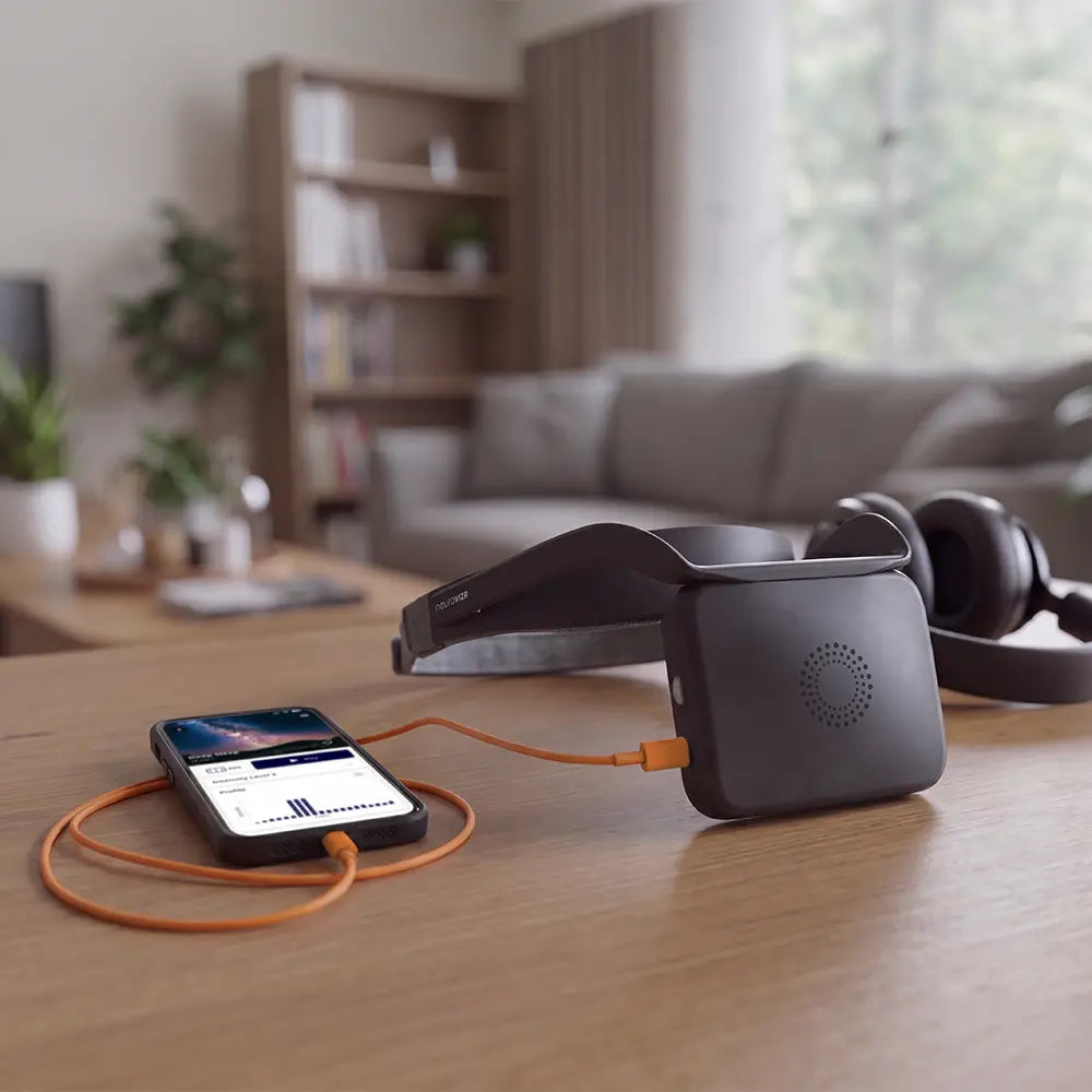 neuroVIZR LITE in dark grey with orange cable next to a smartphone